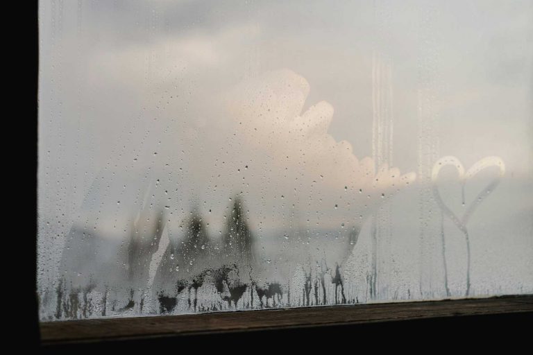 Condensation on a window with dim winter lighting.
